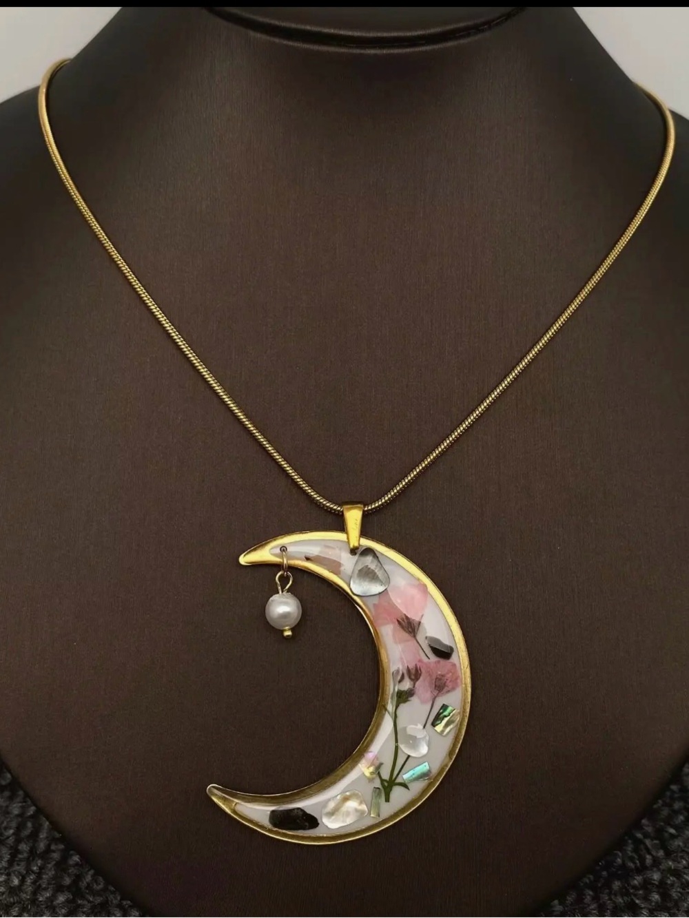 Gold Crescent Moon Necklace with Pink Floral Inlay and Pearl Charm